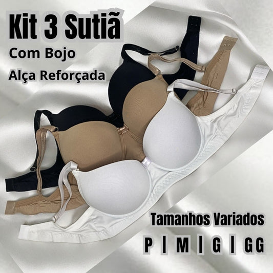 Kit c/ 3 Sutiã Alça Reforçada com Bojo em Microfibra